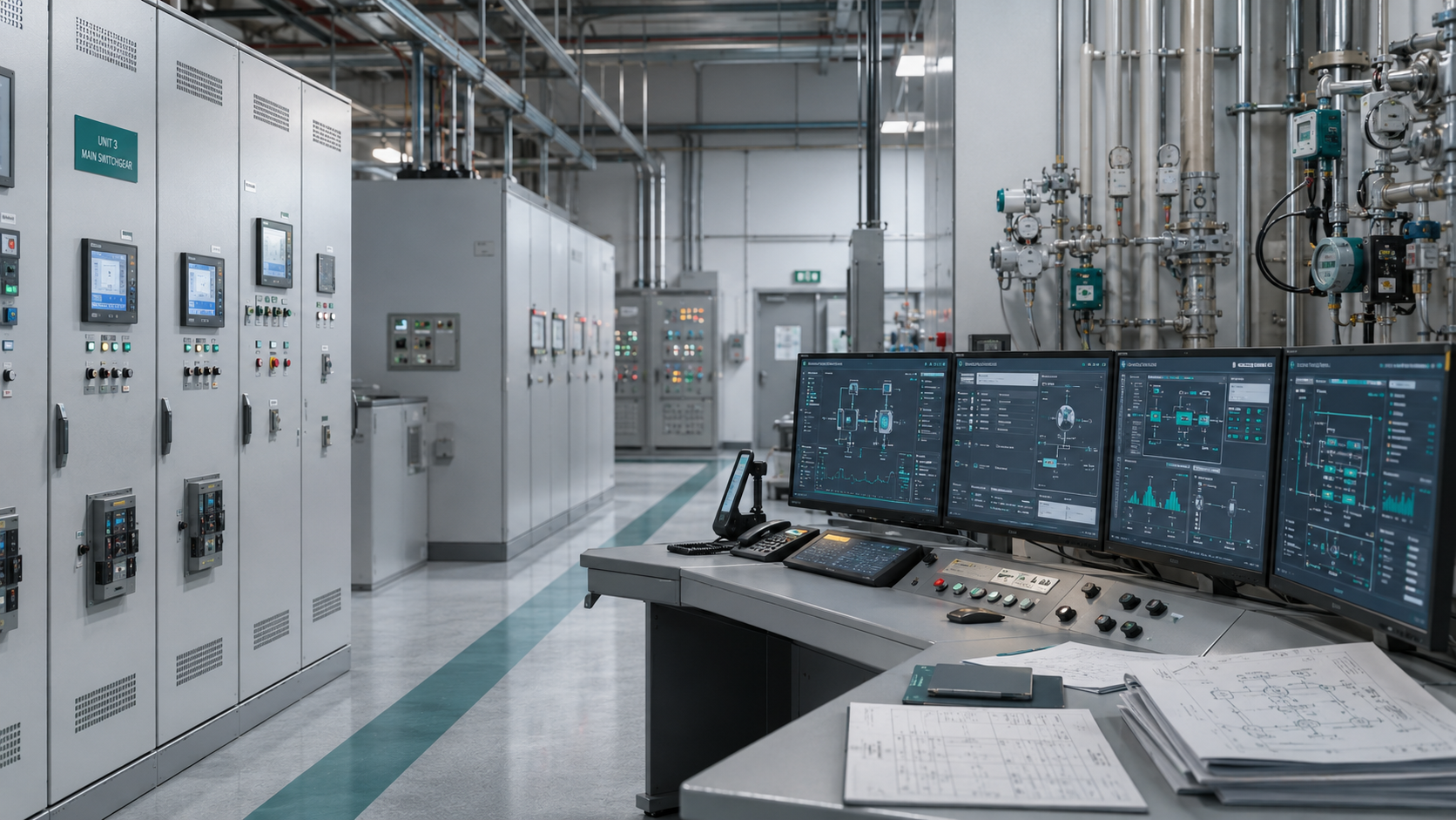 Industrial energy control room with electrical switchgear and monitoring systems.